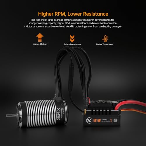 XC E4990 Motor & E6 Sensored Brushless ESC Combo for RC Car,3-8S Lipo,200A Continuous Current,Supprot APP Control,Applicable to:1/6 On-Road,Off-Road,Short Course,1/7 Monster(Heavy Load)
