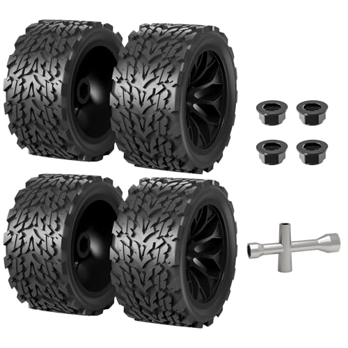 Hosim 4pcs 12mm hex Wheels and Tires for RIAARIO and AMORIL 1/10 RC Trucks, for Traxxas Rustler Stampede 2wd 4x4 VXL Mini X17 X25 X27 Rubber Wheel Replacements 4.66 OD x 2.17 Width - color: Black