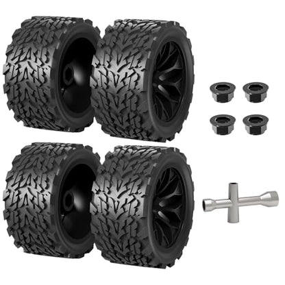 Hosim 4pcs 12mm hex Wheels and Tires for RIAARIO and AMORIL 1/10 RC Trucks, for Traxxas Rustler Stampede 2wd 4x4 VXL Mini X17 X25 X27 Rubber Wheel Replacements 4.66 OD x 2.17 Width - color: Black