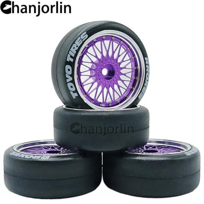 1/10 RC Drift Smooth Tires OD 2.56" & Aluminum Wheels 12mm Hex Hard Drift Racing Tyres for 1:10 1/12 Rally Street On Road Touring Car TT01 TT02 XV02 XV01 TA06 KYOSHO PTG2 4PCS (Purple) - color: Purple