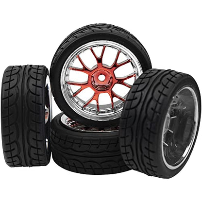 4Pack HIRCQOO 12mm Hex Plastic Wheel Rims & 2.59" Rubber Tires Set w/Foam Compatible with Traxxas Kyosho HPI Tamiya TT-01 TT-02 Sakura HSP 1/10 RC On-Road Touring Car (Red) - color: Red
