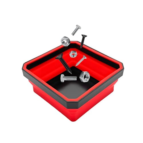 Collapsible Magnetic Parts Tray, 4.5" Square Silicone Tool Tray with Dual-Sided Magnetic Base, Foldable Small Metal Parts Organizer Storage Bowl for Screws Bolts Nuts Washers (Red) - color: Red