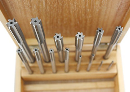 Accusize Industrial Tools 14 Pc Over and Under Size H.S.S. Chucking Reamer Set, 0.1240'' Thru 0.5010'', in Fitted Case, 5500-SX00 | 14 Pc Set, Straight Shank, Straight Flute, Right-Hand Cut, Fitted Case, 5500-SX00 - size: Over & Under Size 0.1240"-0.5010"