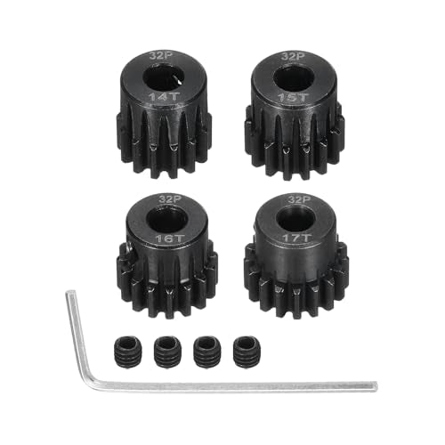 4Pcs 32P Steel Pinion Gear Set 14T 15T 16T 17T for 5mm Shaft Hardened Steel Pinion Gear with Screws and Hexagonal Wrench for RC Motor