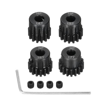 4Pcs 32P Steel Pinion Gear Set 14T 15T 16T 17T for 5mm Shaft Hardened Steel Pinion Gear with Screws and Hexagonal Wrench for RC Motor