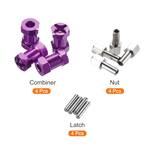 MECCANIXITY 4pcs 12mm Wheel Hex Drive Hubs Adapter Combiner Coupler, Aluminum 20mm Extension with Nut Latch for 1/10 RC Crawler Car Parts, Purple