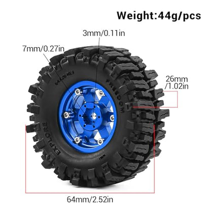 RCMMTING1.3" Wheels and Tires Set 64mm (2.52in) for SCX24 TRX4M 1/24 1/18 RC Crawler – Upgrade Parts (Blue, 4Pcs) - color: blue