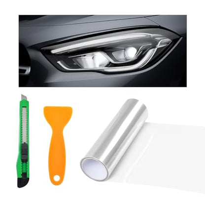povtii Tint Vinyl Wrap Sticker Sheet Roll for Car Headlight & Taillight - Self Adhesive Fog Light Vinyl Film, 12x48 Inch Roll, Squeeze & Cutter Included - color: Transparent