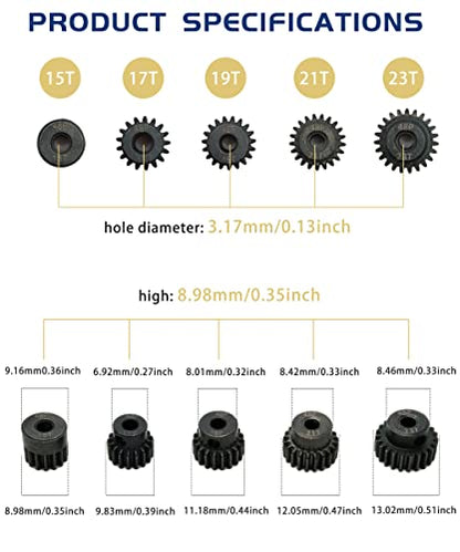 48P Pinion Gear 15T 17T 19T 21T 23T with Screwdriver for 1/10 RC Motor | Hardened Metal,High Strength,Wear Resistant 48P Pinion Gear Set for Traxxas Arrma HSP HPI AXIAL Tamiya Losi - size: 15T/17T/19T/21T/23T