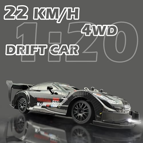 HTURCCOP 1:20 RC Drift Car 2.4GHz 4WD High Speed Drift Remote Control Cars Vehicle with LED Lights and Drifting Tires Batteries x2 Racing Sport Toy Cars for Adults Boys Girls Kids (Black 1:20) - color: Black 1:20