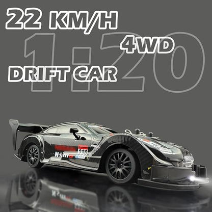 HTURCCOP 1:20 RC Drift Car 2.4GHz 4WD High Speed Drift Remote Control Cars Vehicle with LED Lights and Drifting Tires Batteries x2 Racing Sport Toy Cars for Adults Boys Girls Kids (Black 1:20) - color: Black 1:20