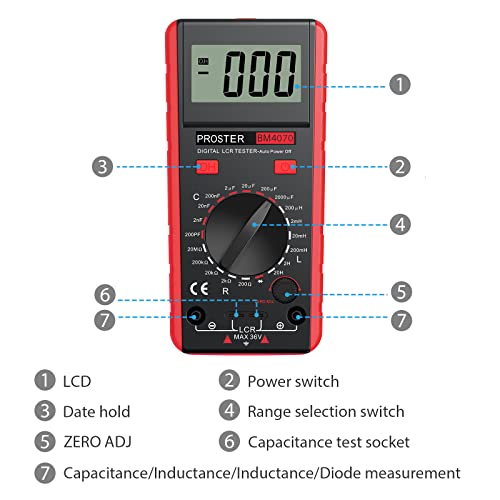 Proster LCR Meter - Capacitance Inductance Resistance Tester Multimeter Self-Discharge with Overrange Display - color: Red