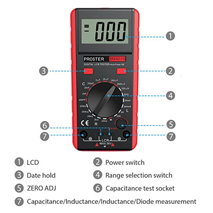 Proster LCR Meter - Capacitance Inductance Resistance Tester Multimeter Self-Discharge with Overrange Display - color: Red