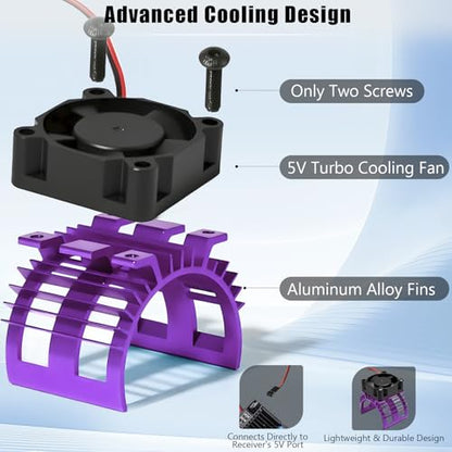 Alloy Heat Sink with 5V Cooling Fan for Traxxas Trx4 Slash ARRMA SCX10 and 1/10 RC Car - Compatible with 540, 550, 3650 Size Brushless Motor (Purple) - style: Purple