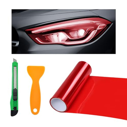 povtii Tint Vinyl Film Sticker Sheet Roll for Car Headlight, 12×48 Inch Auto Taillight Vinyl Wrap Film, Self Adhesive Fog Light Vinyl Film with Squeeze & Cutter, Car Accessories (Red) - color: Red