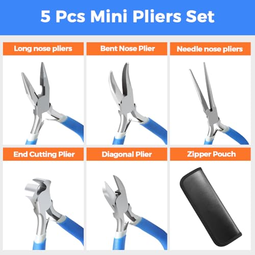 LIFEGOO 5 Pieces Mini Pliers Set – Durable Precision Tool Kit for Crafts, Jewelry & DIY, Includes Long Needle Nose, Bent Nose, Diagonal, End Cutting, Nipper (Blue) - color: Blue