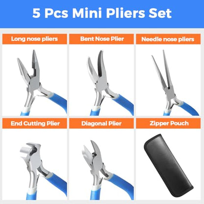 LIFEGOO 5 Pieces Mini Pliers Set – Durable Precision Tool Kit for Crafts, Jewelry & DIY, Includes Long Needle Nose, Bent Nose, Diagonal, End Cutting, Nipper (Blue) - color: Blue