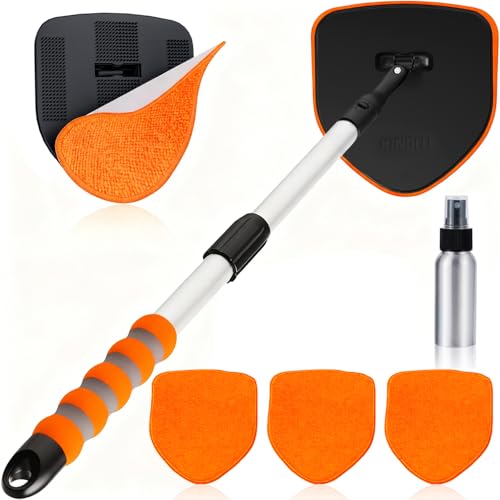 XINDELL Interior Windshield Cleaner Tool, Car Window Cleaning Kit with 4 Reusable Microfiber Pads, Extendable Handle & 360° Rotating Head, Streak-Free Auto Glass Wiper for Truck SUV RV - color: Orange