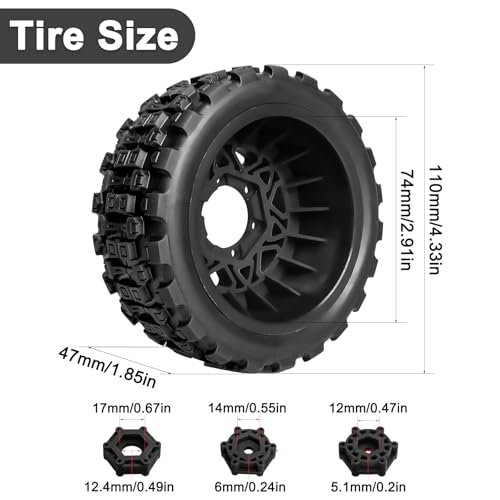 LRFHL 1/10 RC Short Course Truck Tires with 12mm 14mm 17mm Hex, 4PCS | Pre-Glued, RC Off-Road Short Truck Tires, for 1/8 1/10 Arrma Senton Traxxas Slash 2WD Axial Losi Redcat - color: Black Tires+ Black Wheels
