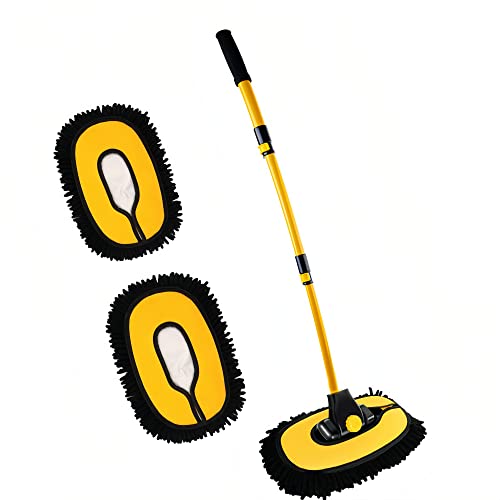 Mveqrrn15°Curved Chenille Car Wash Brush, Extendable Long Handle Mop-Yellow | car wash mop, cleaning brush supplies, microfiber replacement head, Car Wash accessories for cars trucks RV - color: Yellow-002