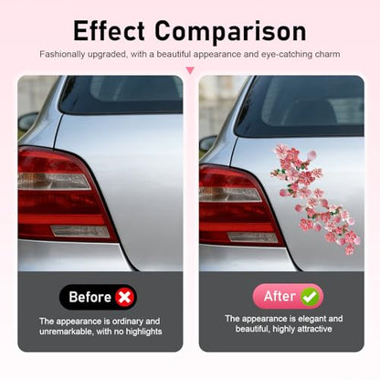 32 PCS 3D Peach Blossom Car Sticker, Resin Material Self-Adhesive Car Body Exterior Decorative Sticker, DIY Personalized Auto Door Ornament, Universal for Most Cars SUVs Trucks (Pink)