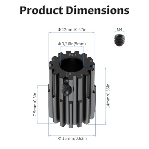 Pinion Motor Gear, M1 14T, 3/16 in (5mm) Shaft Hole | M1 Pitch 14 Teeth, 1045 Hardened Carbon Steel, 3/16 Inch Shaft Hole, RC Motor Pinion Upgrade, for 1/10 RC Brushless Crawler - size: M1 14T