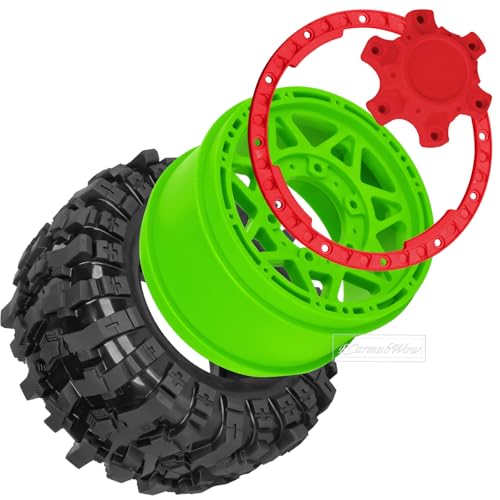 1/10 Scale RC Truck Tires,Wheels and Tires w/12/14/17MM Hex for Rustler Stampede Hoss,Arrm a Granite Vorteks Big Rock 3S,1/10 Off Road Tires Rubber Truck Tyres w/Foam Insert,Green w/Red - color: Green W/Red(4pcs)