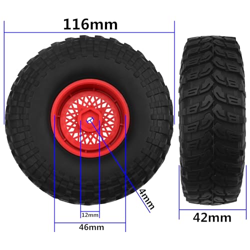RC 1.9" RC Tires and Wheel Nylon Rims 12mm Hex Hub OD 116mm/4.56" Rubber Tyre Compatible with 1/10 Axial SCX10 RC4WD D90 Tamiya CC01 TF2 Traxxas TRX4 RC Rock Crawler (Red) - color: Red