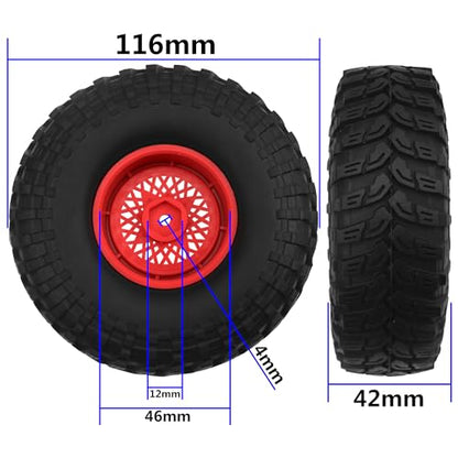 RC 1.9" RC Tires and Wheel Nylon Rims 12mm Hex Hub OD 116mm/4.56" Rubber Tyre Compatible with 1/10 Axial SCX10 RC4WD D90 Tamiya CC01 TF2 Traxxas TRX4 RC Rock Crawler (Red) - color: Red