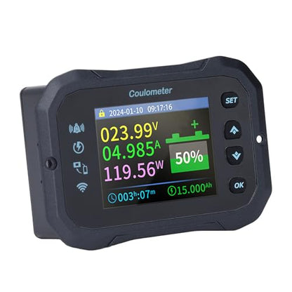 WiF Battery Monitor with Shunt, Remote Monitoring 2.4 Inch HD Screen, Multiple Parameter Measurements, Built in Reminder, Wide Battery Compatibility