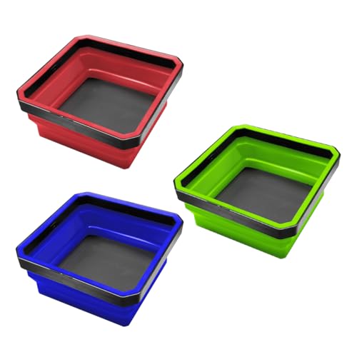3PCS Magnetic Foldable Tray, Collapsible Tool Organizer Tray Set with Magnetic Base, 4.5 Inch Square Auto Parts Silicone Bowl, Car Storage Accessories for Holding Nuts, Bolts, Small Parts