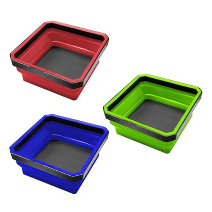 3PCS Magnetic Foldable Tray, Collapsible Tool Organizer Tray Set with Magnetic Base, 4.5 Inch Square Auto Parts Silicone Bowl, Car Storage Accessories for Holding Nuts, Bolts, Small Parts