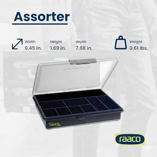 Raaco Assorter 5-9 Tool Box Organizer, 9-Slot - Small Parts & Hardware | Medium, 9 Slots Fixed Grid with Semi-Transparent Lid, Polypropylene (PP) Storage Box for Screws, Nuts and Bolts - size: Medium –9 Slots, style: Fixed Grid