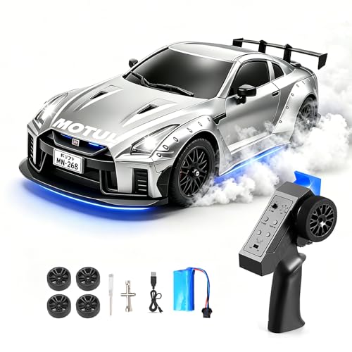 MN-268 RC Drift Car, 1:16 Scale High Speed 20 KPH Racing Drift Car with Gyro, LED Lights and Drift Tires, 2.4G Hobby RC Cars Gift for Adults and Teens (Silver) - color: Silver, size: 1 Battery