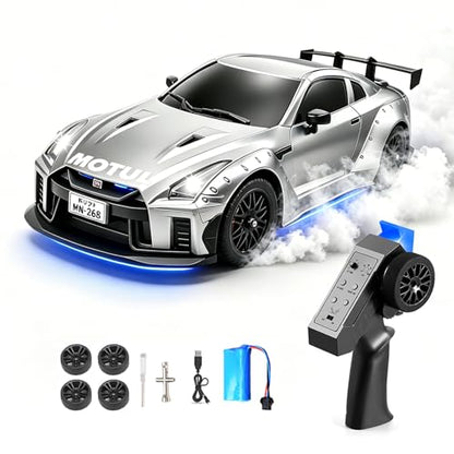 MN-268 RC Drift Car, 1:16 Scale High Speed 20 KPH Racing Drift Car with Gyro, LED Lights and Drift Tires, 2.4G Hobby RC Cars Gift for Adults and Teens (Silver) - color: Silver, size: 1 Battery