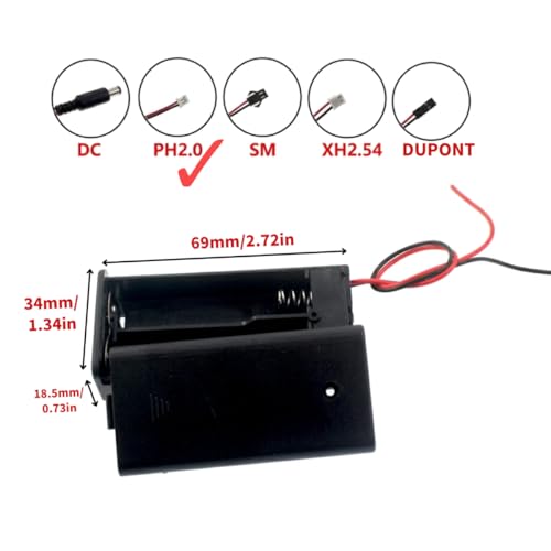 2Pcs Battery Holder with PH2.0 2Pin Connector On/Off Switch for 3V AA 2 Cell, 2 x 1.5V AA Battery Power Case Plastic Box with Cover Leads for RC Model (2AA Covered with ph2.0) - size: 2AA covered with ph2.0