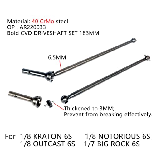 40CrMo Hardened Steel Driveshafts Axle CVD for Arrma 6S 1/8 Kraton/Outcast | Big Rock&1/7 Talion,AR220033,Thicker Harden Steel #40 Widen Front Rear CVD Drive Dogbone Shaft,2PCS Axle Shaft Upgrade Part - color: Ar220033-6s 1/8 Kraton/Outcast/Big Rock&1/7 T