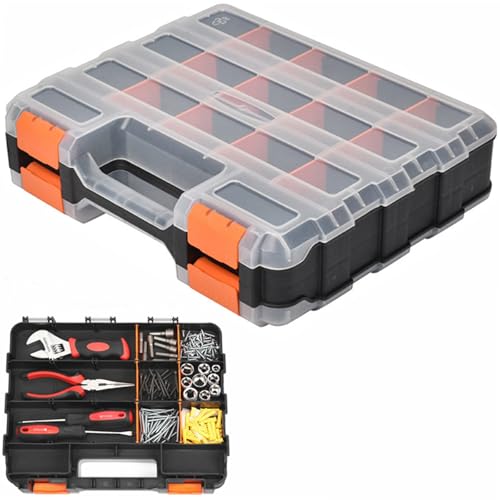 Small Parts Organizer with Removable Dividers, 34 Compartments Double-Sided Storage Box for Hardware, Screws, Nuts & Bolts, Nails, Craft Beads, Jewelry Making - Clear Stackable DIY Tool Organizer Case