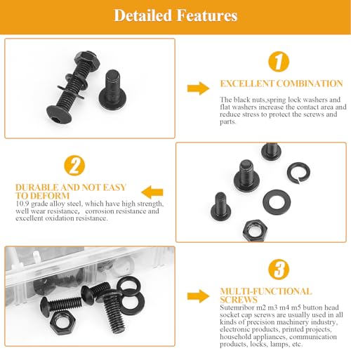 2180 Pieces Black M2 M3 M4 M5 Button Head Socket Cap Screws Nuts Washers Assortment Kit, Metric Screw Assortment with Hex Wrenches, 10.9 Grade Alloy Steel, Fully Threaded - size: M2/M3/M4/M5, style: Button Head Socket Cap