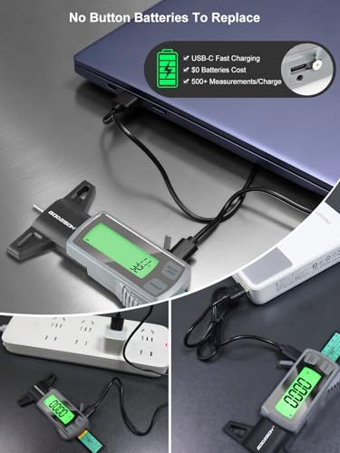Rechargeable Digital Tire Tread Depth Gauge, USB-C, Backlit LCD | 0-1 inch Measuring Range, mm/Decimal/Fraction Inch Modes, Auto Power Off, Tire Wear Tool for Cars, SUVs, Trucks and RVs