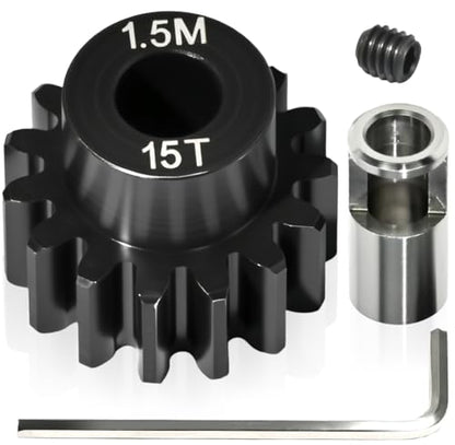 M1.5 15T Pinion Gear 8mm Bore with 8mm to 5mm Shaft Adapter Sleeve, Chromium Steel Motor Gear with Set Screw & Hex Key for Traxxas ARRMA Losi 1/5 1/8 RC Cars - size: 15T