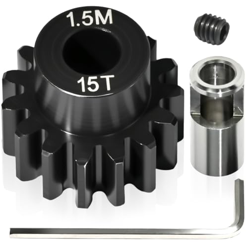 M1.5 15T Pinion Gear 8mm Bore with 8mm to 5mm Shaft Adapter Sleeve, Chromium Steel Motor Gear with Set Screw & Hex Key for Traxxas ARRMA Losi 1/5 1/8 RC Cars - size: 15T
