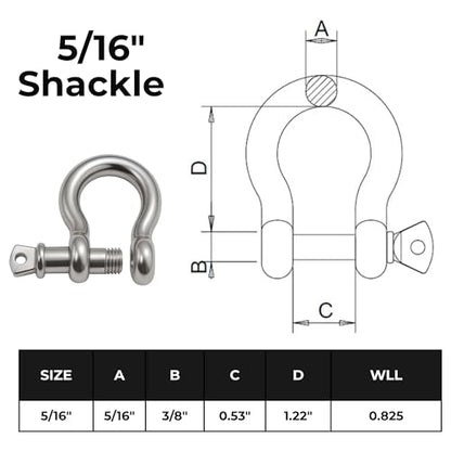 316 Stainless Steel Bow Shackle with Oversized Screw Pin, Marine-Grade Hardware for Anchor Lines, Towing, Dinghies, Canoes, Trailers, Utility Tie-Downs & Off-Road Recovery - size: 5/16" with 3/8" Pin .825T WLL, style: 01-Pack