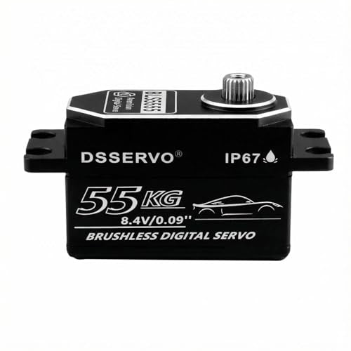 55kg Low Profile Brushless Servo with 2PCS 25T Servo Horn All Metal IP67 Waterproof Digital Servo High Torque Fast Steering Servo for 1/8 1/10 1/12 1/14 RC Car, 180°
