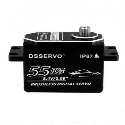 55kg Low Profile Brushless Servo with 2PCS 25T Servo Horn All Metal IP67 Waterproof Digital Servo High Torque Fast Steering Servo for 1/8 1/10 1/12 1/14 RC Car, 270°