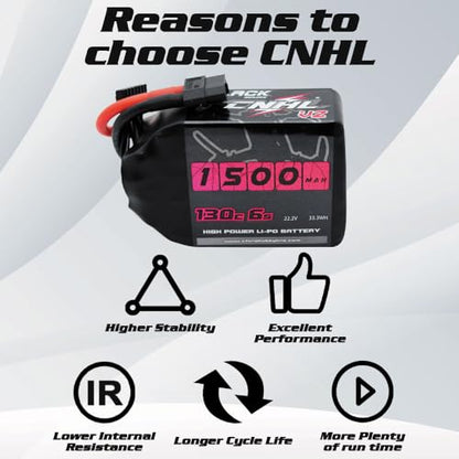CNHL 1500mAh 6S LiPo Battery 22.2V 130C with XT60 Plug (2 Packs) | High discharge RC battery for FPV racing drones, freestyle quadcopters, RC helicopters, and airplane models.