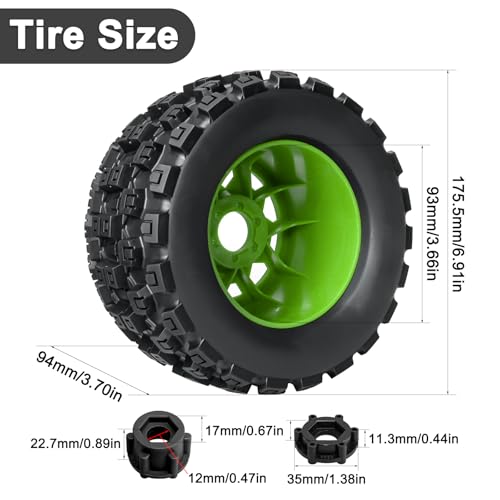 LRFHL MX38 F/R 3.8" RC Tires and Wheels with 17mm Hex Adapter, 4PCS, Green | 1/7 1/8 RC Monster Truck Tires, for Arrma Notorious Outcast Kraton 6S Traxxas E-Revo RC Car Upgrade - color: Black Tires+ Green Wheels