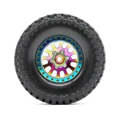 1.3” Brass Beadlock Wheels & All-Terrain Tires Set for 1/18 1/24 RC Crawler TRX4M, Axial SCX24 / AX24, Redcat Ascent-18, FMS FCX24, -5.40mm Offset, 7mm Hex, 4 pcs, Iridescent Green - color: Iridescent-green