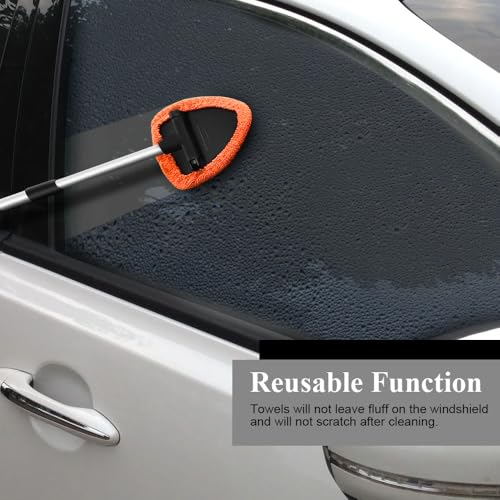 Windshield Cleaning Tool, Car Window Cleaner, Windshield Cleaner with 4 Washable Reusable Microfiber Pads and Extendable Handle, Auto Glass Wiper Cleaning Kit Universal for Car (Orange) - color: Orange