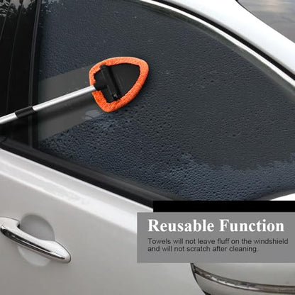 Windshield Cleaning Tool, Car Window Cleaner, Windshield Cleaner with 4 Washable Reusable Microfiber Pads and Extendable Handle, Auto Glass Wiper Cleaning Kit Universal for Car (Orange) - color: Orange